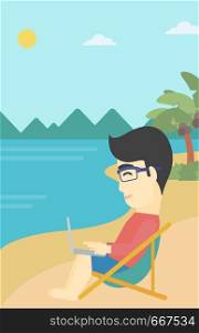 An asian young businessman working on the beach. Businessman sitting in chaise lounge and working on a laptop. Vector flat design illustration. Vertical layout.. Businessman working on laptop on the beach.