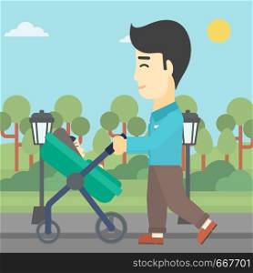 An asian young father walking with baby stroller in the park. Father walking with his baby in stroller. Father pushing baby stroller. Vector flat design illustration. Square layout.. Father walking with his baby in stroller.