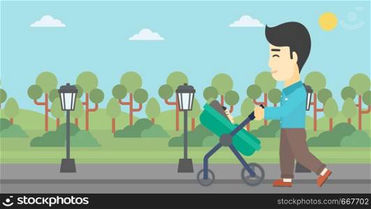 An asian young father walking with baby stroller in the park. Father walking with his baby in stroller. Father pushing baby stroller. Vector flat design illustration. Horizontal layout.. Father walking with his baby in stroller.
