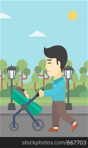 An asian young father walking with baby stroller in the park. Father walking with his baby in stroller. Father pushing baby stroller. Vector flat design illustration. Vertical layout.. Father walking with his baby in stroller.