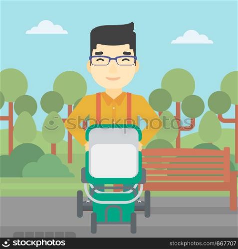 An asian young father walking with baby stroller in the park. Father walking with his baby in stroller. Father pushing baby stroller. Vector flat design illustration. Square layout.. Father walking with baby stroller.