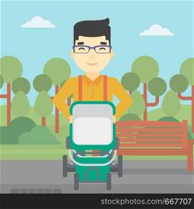 An asian young father walking with baby stroller in the park. Father walking with his baby in stroller. Father pushing baby stroller. Vector flat design illustration. Square layout.. Father walking with baby stroller.