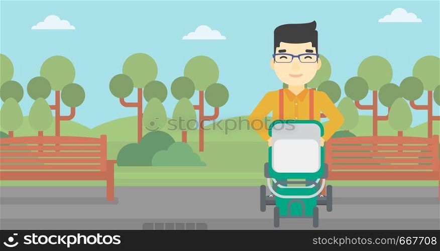 An asian young father walking with baby stroller in the park. Father walking with his baby in stroller. Father pushing baby stroller. Vector flat design illustration. Horizontal layout.. Father walking with baby stroller.