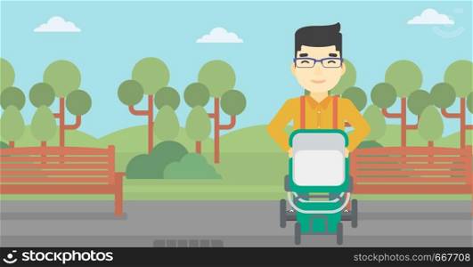 An asian young father walking with baby stroller in the park. Father walking with his baby in stroller. Father pushing baby stroller. Vector flat design illustration. Horizontal layout.. Father walking with baby stroller.
