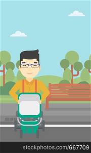 An asian young father walking with baby stroller in the park. Father walking with his baby in stroller. Father pushing baby stroller. Vector flat design illustration. Vertical layout.. Father walking with baby stroller.