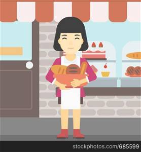 An asian young female baker holding basket with bakery products. Female baker standing in front of bakery. Baker with bowl full of bread. Vector flat design illustration. Square layout.. Baker holding basket with bakery products.