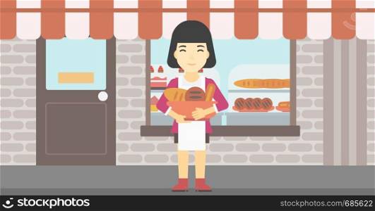 An asian young female baker holding basket with bakery products. Female baker standing in front of bakery. Baker with bowl full of bread. Vector flat design illustration. Horizontal layout.. Baker holding basket with bakery products.