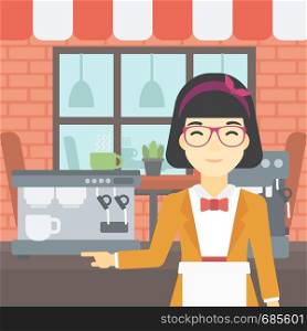 An asian young female barista sanding in front of coffee machine. Barista at coffee shop. Professional barista making a cup of coffee. Vector flat design illustration. Square layout.. Barista standing near coffee machine.