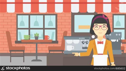 An asian young female barista sanding in front of coffee machine. Barista at coffee shop. Professional barista making a cup of coffee. Vector flat design illustration. Horizontal layout.. Barista standing near coffee machine.
