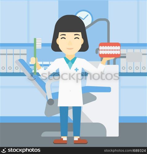 An asian young female dentist holding dental jaw model and a toothbrush in doctor office. Female dentist showing dental jaw model and toothbrush. Vector flat design illustration. Square layout.. Dentist with dental jaw model and toothbrush.