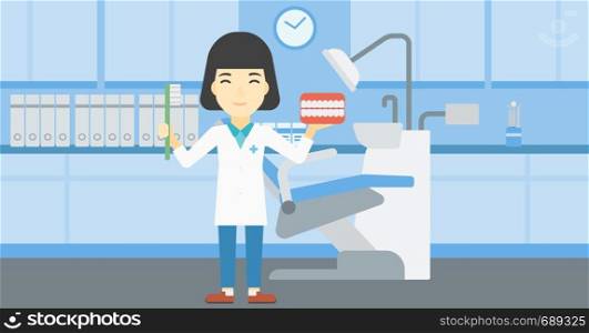 An asian young female dentist holding dental jaw model and a toothbrush in doctor office. Female dentist showing dental jaw model and toothbrush. Vector flat design illustration. Horizontal layout.. Dentist with dental jaw model and toothbrush.