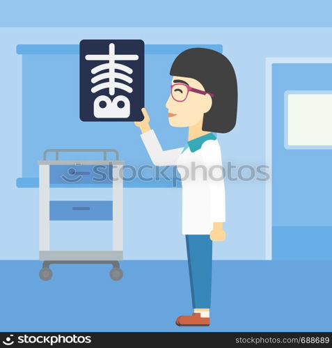 An asian young female doctor examining a radiograph. Doctor looking at a chest radiograph in the medical office. Doctor observing a skeleton radiograph. Vector flat design illustration. Square layout.. Doctor examining radiograph vector illustration.