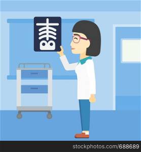 An asian young female doctor examining a radiograph. Doctor looking at a chest radiograph in the medical office. Doctor observing a skeleton radiograph. Vector flat design illustration. Square layout.. Doctor examining radiograph vector illustration.