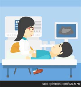An asian young female doctor examining internal organs of a male patient on ultrasound. Doctor working on modern ultrasound equipment at medical office. Vector flat design illustration. Square layout.. Patient during ultrasound examination.
