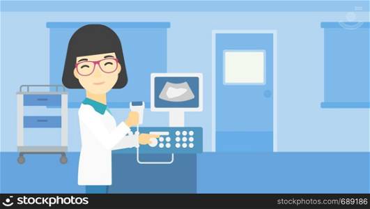 An asian young female doctor with ultrasound scanner in the hands. Female doctor working on modern ultrasound equipment at medical office. Vector flat design illustration. Horizontal layout.. Female ultrasound doctor vector illustration.