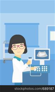 An asian young female doctor with ultrasound scanner in the hands. Female doctor working on modern ultrasound equipment at medical office. Vector flat design illustration. Vertical layout.. Female ultrasound doctor vector illustration.