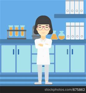 An asian young female laboratory assistant standing on the background of laboratory vector flat design illustration. Square layout.. Female laboratory assistant vector illustration.