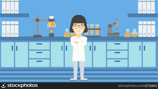 An asian young female laboratory assistant standing on the background of laboratory vector flat design illustration. Horizontal layout.. Female laboratory assistant vector illustration.