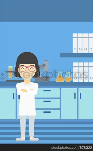 An asian young female laboratory assistant standing on the background of laboratory vector flat design illustration. Vertical layout.. Female laboratory assistant vector illustration.