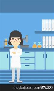 An asian young female laboratory assistant standing on the background of laboratory vector flat design illustration. Vertical layout.. Female laboratory assistant vector illustration.