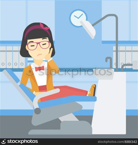 An asian young female patient sitting in dental chair at dentist office. Sad woman suffering from tooth pain. Woman having a toothache. Vector flat design illustration. Square layout.. Woman suffering in dental chair.