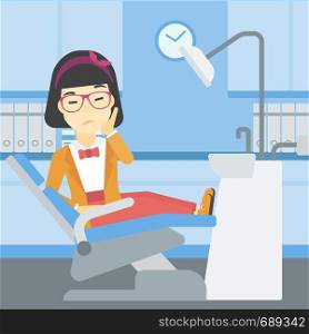 An asian young female patient sitting in dental chair at dentist office. Sad woman suffering from tooth pain. Woman having a toothache. Vector flat design illustration. Square layout.. Woman suffering in dental chair.