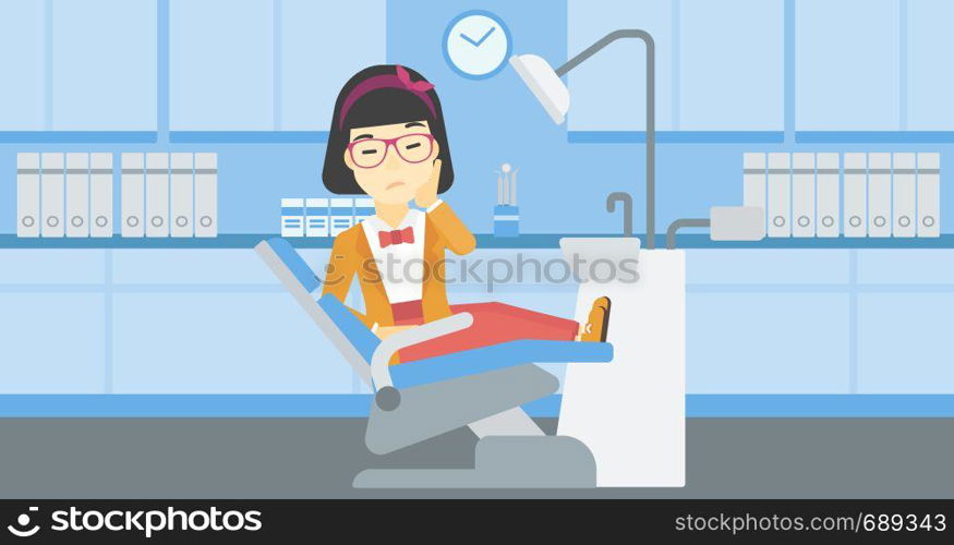 An asian young female patient sitting in dental chair at dentist office. Sad woman suffering from tooth pain. Woman having a toothache. Vector flat design illustration. Horizontal layout.. Woman suffering in dental chair.