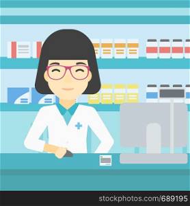 An asian young female pharmacist in medical gown standing at pharmacy counter and working on a computer. Female pharmacist in the drugstore. Vector flat design illustration. Square layout.. Pharmacist at counter with computer monitor.