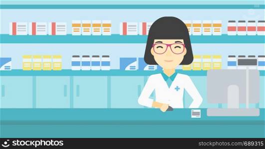 An asian young female pharmacist in medical gown standing at pharmacy counter and working on a computer. Female pharmacist in the drugstore. Vector flat design illustration. Horizontal layout.. Pharmacist at counter with computer monitor.