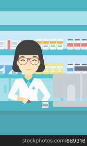An asian young female pharmacist in medical gown standing at pharmacy counter and working on a computer. Female pharmacist in the drugstore. Vector flat design illustration. Vertical layout.. Pharmacist at counter with computer monitor.