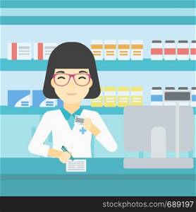 An asian young female pharmacist writing on clipboard and holding prescription in hand. Pharmacist in medical gown standing at pharmacy counter. Vector flat design illustration. Square layout.. Pharmacist writing prescription.