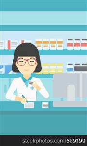 An asian young female pharmacist writing on clipboard and holding prescription in hand. Pharmacist in medical gown standing at pharmacy counter. Vector flat design illustration. Vertical layout.. Pharmacist writing prescription.