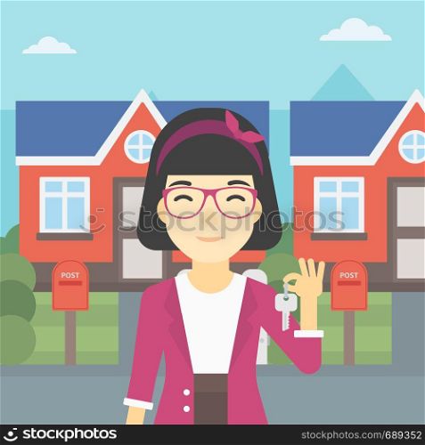 An asian young female real estate agent holding key. Woman with keys standing in front of the house. Happy new owner of a house. Vector flat design illustration. Square layout.. Real estate agent with key vector illustration.