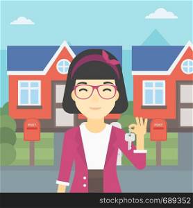 An asian young female real estate agent holding key. Woman with keys standing in front of the house. Happy new owner of a house. Vector flat design illustration. Square layout.. Real estate agent with key vector illustration.