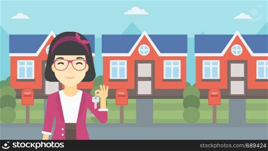 An asian young female real estate agent holding key. Woman with keys standing in front of the house. Happy new owner of a house. Vector flat design illustration. Horizontal layout.. Real estate agent with key vector illustration.