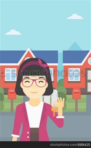 An asian young female real estate agent holding key. Woman with keys standing in front of the house. Happy new owner of a house. Vector flat design illustration. Vertical layout.. Real estate agent with key vector illustration.