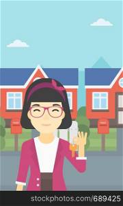 An asian young female real estate agent holding key. Woman with keys standing in front of the house. Happy new owner of a house. Vector flat design illustration. Vertical layout.. Real estate agent with key vector illustration.