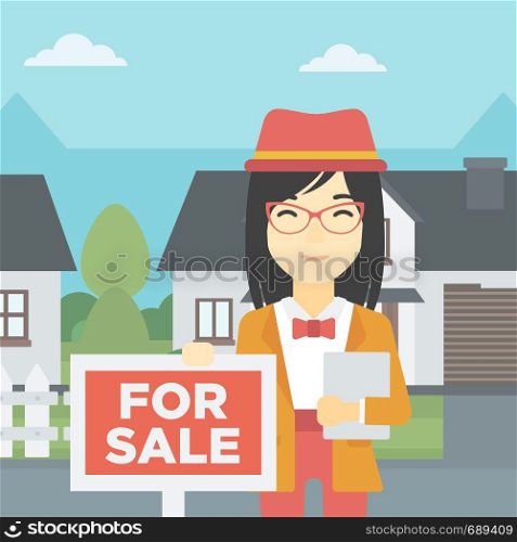 An asian young female real estate agent offering the house. Female broker with placard for sale and documents in hands standing in front of the house. Vector flat design illustration. Square layout.. Real estate agent offering house.