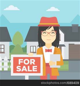 An asian young female real estate agent offering the house. Female broker with placard for sale and documents in hands standing in front of the house. Vector flat design illustration. Square layout.. Real estate agent offering house.