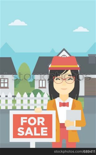 An asian young female real estate agent offering the house. Female broker with placard for sale and documents in hands standing in front of the house. Vector flat design illustration. Vertical layout.. Real estate agent offering house.