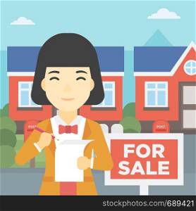 An asian young female real estate agent signing a contract. Young real estate agent standing in front of the house with placard for sale. Vector flat design illustration. Square layout.. Real estate agent signing contract.