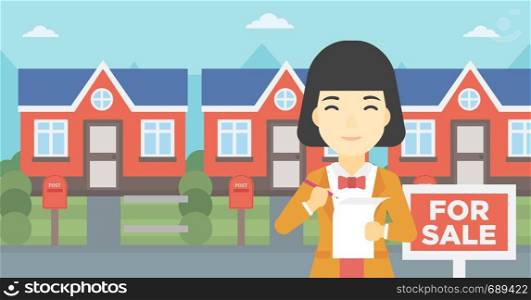An asian young female real estate agent signing a contract. Young real estate agent standing in front of the house with placard for sale. Vector flat design illustration. Horizontal layout.. Real estate agent signing contract.