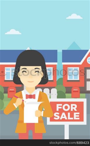 An asian young female real estate agent signing a contract. Young real estate agent standing in front of the house with placard for sale. Vector flat design illustration. Vertical layout.. Real estate agent signing contract.