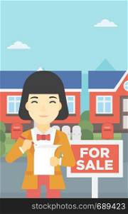 An asian young female real estate agent signing a contract. Young real estate agent standing in front of the house with placard for sale. Vector flat design illustration. Vertical layout.. Real estate agent signing contract.