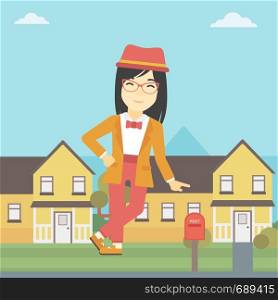 An asian young female real estate agent standing near the house. Real estate agent leaning on the house. Real estate agent offering house. Vector flat design illustration. Square layout.. Real estate agent offering house.