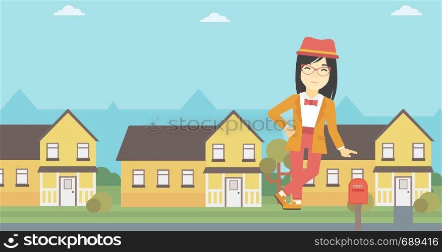 An asian young female real estate agent standing near the house. Real estate agent leaning on the house. Real estate agent offering house. Vector flat design illustration. Horizontal layout.. Real estate agent offering house.