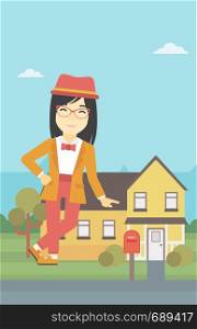 An asian young female real estate agent standing near the house. Real estate agent leaning on the house. Real estate agent offering house. Vector flat design illustration. Vertical layout.. Real estate agent offering house.