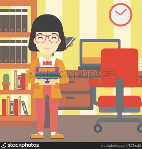 An asian young female student holding pile of books. Woman with pile of books in hands at home. Smiling student with stack of books. Vector flat design illustration. Square layout.. Woman holding pile of books vector illustration.