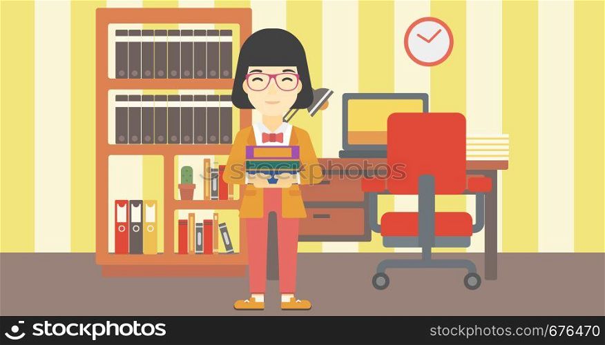 An asian young female student holding pile of books. Woman with pile of books in hands at home. Smiling student with stack of books. Vector flat design illustration. Horizontal layout.. Woman holding pile of books vector illustration.