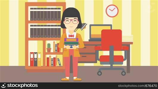 An asian young female student holding pile of books. Woman with pile of books in hands at home. Smiling student with stack of books. Vector flat design illustration. Horizontal layout.. Woman holding pile of books vector illustration.